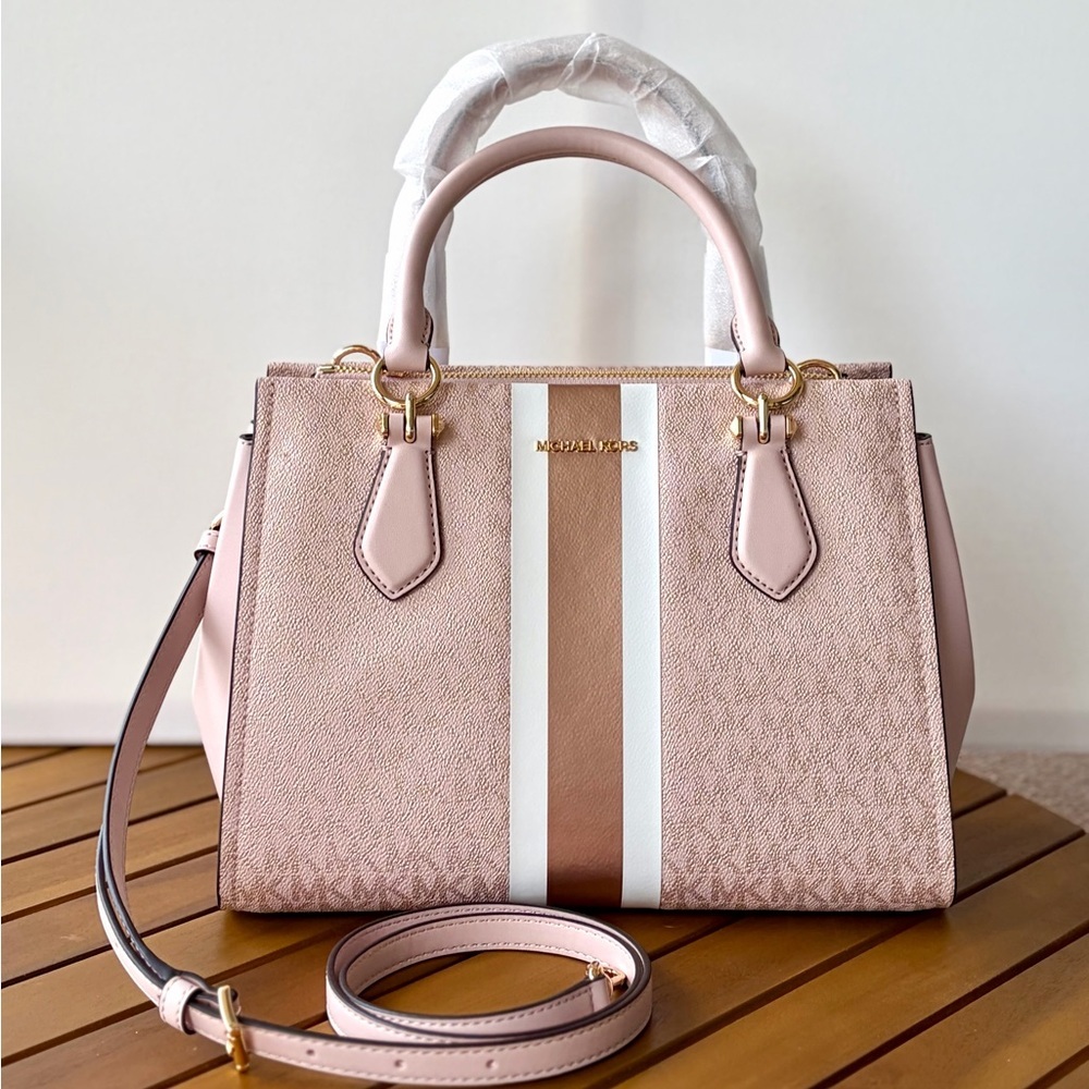 Michael Kors Blush Pink Signature Stripe Satchel - Picture 7 of 16